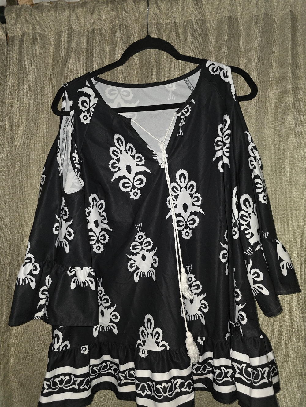 SHEIN Black and White Cold-Shoulder Tassel Peasant Blouse